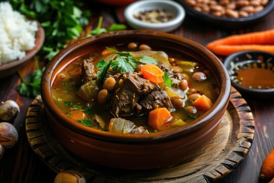 Peruvian goat stew with beans on wooden background.