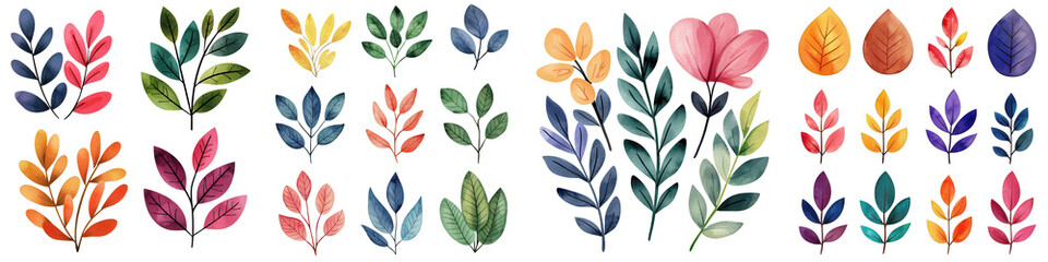 Obraz premium Colorful watercolor leaves and flowers in various shapes and sizes, isolated on transparent background.