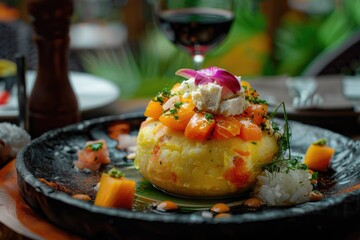 Peruvian causa balls with assorted fish.