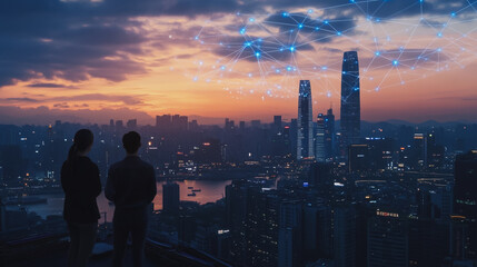 Naklejka premium abstract professional business team people connection of line from nail node to node on Smart digital cityscap and skyline background , Innovation networking concept
