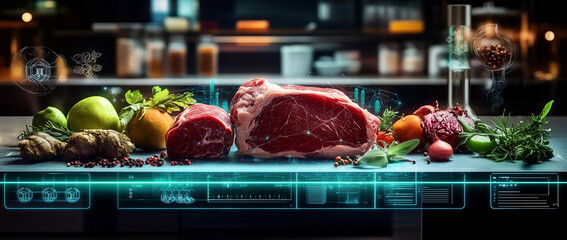 A food technology concept featuring a futuristic food neon hologram and digital display with meat products on the table in a laboratory or secret lab