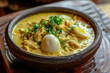 Peruvian gourmet dish  Aji de gallina with boiled egg