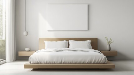 A minimalist bedroom with a low platform bed, clean white sheets, and a simple piece of art above the bed, creating a tranquil space.