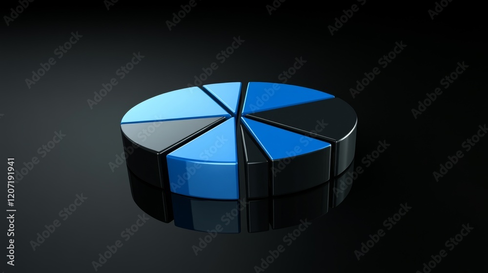 Aufkleber a minimalist pie chart with metallic segments in blue tones, on a reflective black background, with 