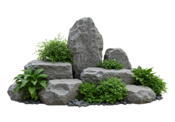 Arrangement of large gray rocks surrounded by green plants isolated on white background