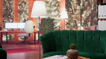 Empty luxurious counseling cabinet designed with many objects to create a cozy atmosphere for...