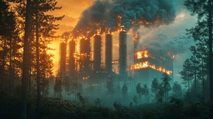 Obraz premium Burning factory at sunset, environmental disaster in forest