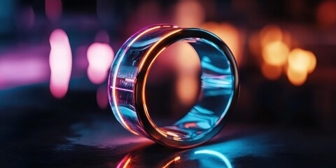 Glowing transparent ring reflecting neon lights in vibrant urban setting