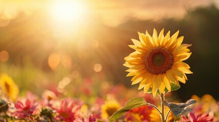 Naklejka premium Golden Hour Sunflower: A Summer Sunset Symphony