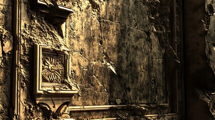 Close-up of a weathered stone wall with ornate carvings
