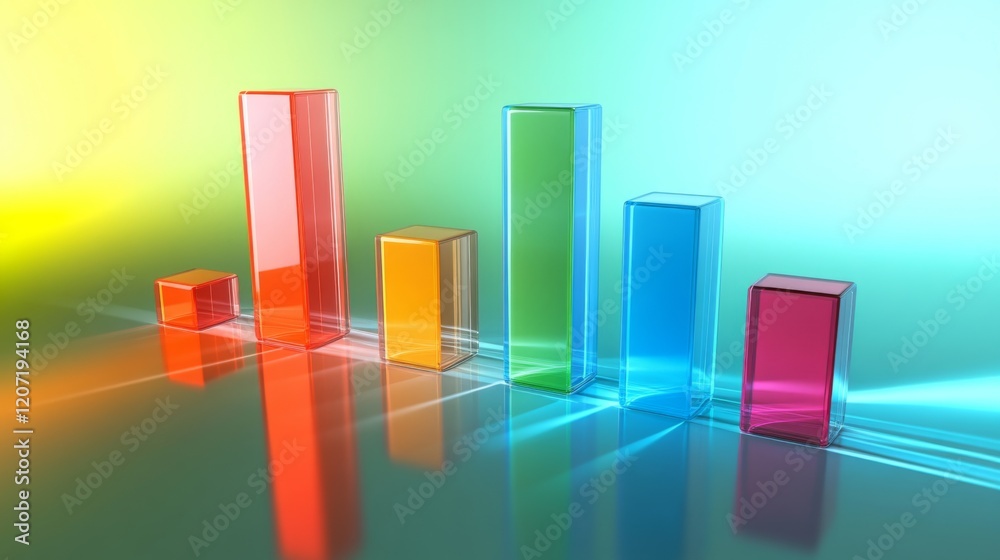 Poster a multi-colored d bar chart on a gradient background, with bars in bright red, blue, and green, cast