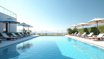 Modern swimming pool with loungers and umbrellas under blue sky