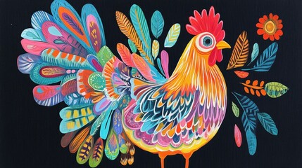 Fototapeta premium Colorful Creative Chicken Illustration with Vibrant Feathers and Foliage