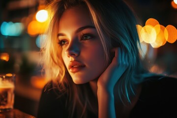 Naklejka premium Young woman with thoughtful expression in dimly lit bar during evening hours