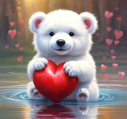 Illustration of fluffy bear with red heart.