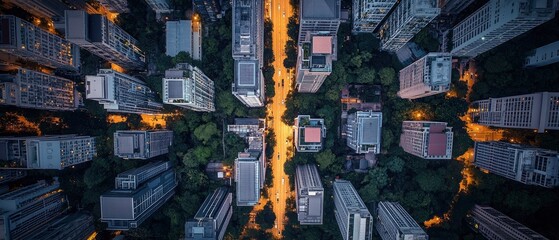 Aerial view of a bustling city street at twilight, showcasing urban architecture and vibrant lights