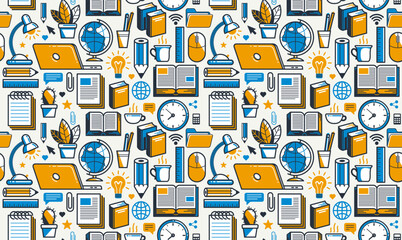 Obraz premium Office or remote work seamless background, PC and papers job workplace desk vector endless wallpaper, all elements easy to use separately as an icons or illustrations.