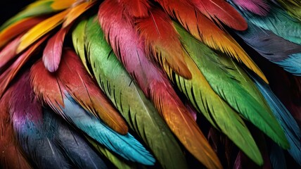 Obraz premium Vibrant, colorful feathers elegantly displayed against a rich black background, showcasing nature's exquisite artistry.
