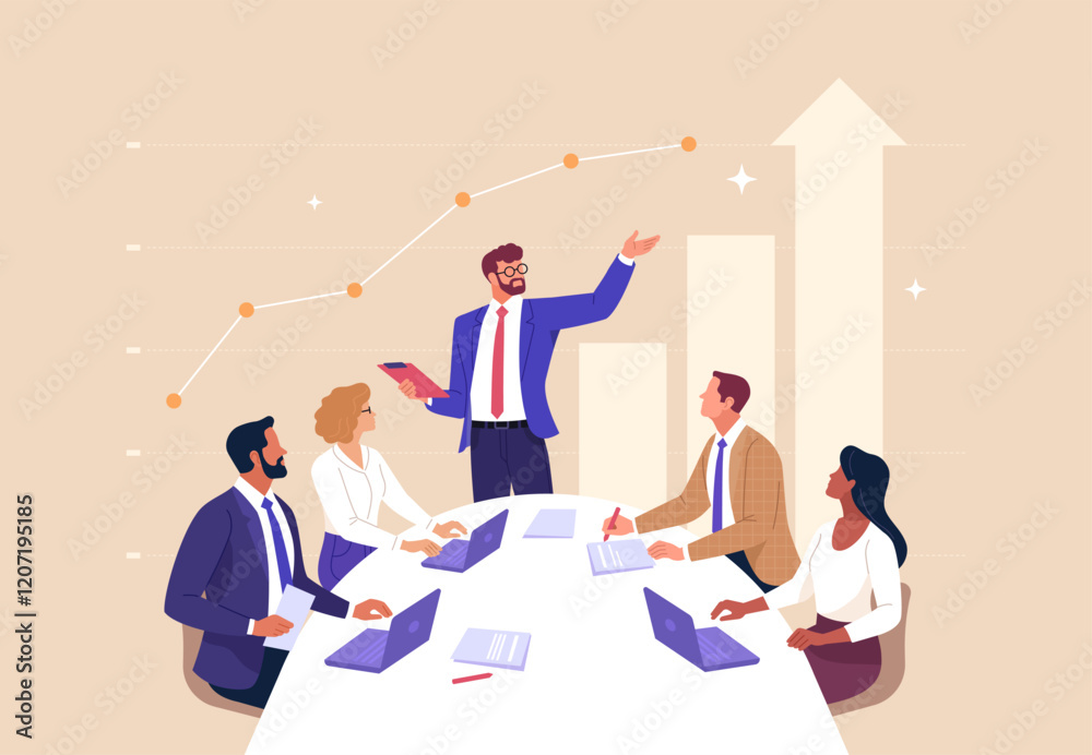Poster business planning concept. contemporary flat style vector illustration of a businessman giving a bus
