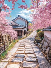 Serene Stone Path Blossoms Spring Cherry Trees Japan Village