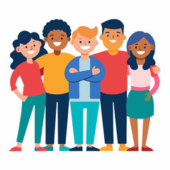Fototapeta premium Group of abstract diverse people. Friends or coworkers are standing, hugging, posing together. Cartoon characters icon vector on white background.