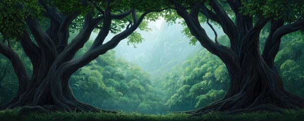 A serene forest scene with lush trees arching overhead, creating a tranquil and immersive atmosphere.