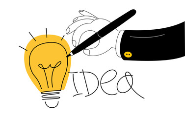 Hand draws idea light bulb. Vector illustration in outline cartoon style on the topic of writing down good ideas.