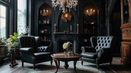 Fototapeta premium Elegant gothic living room with black leather chairs and crystal chandelier