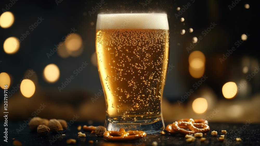 Poster a refreshing lager poured into a glass, with bubbles rising to the top, surrounded by pretzels and n