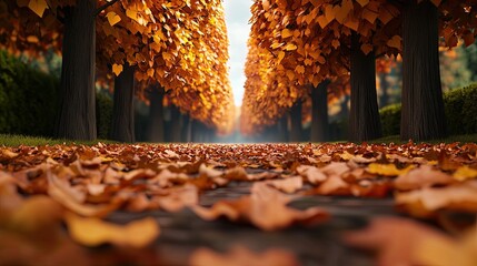 A serene pathway lined with vibrant orange autumn leaves, creating a warm, inviting atmosphere amid tall trees.