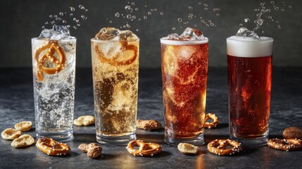 A refreshing lager poured into a glass, with bubbles rising to the top, surrounded by pretzels and nuts on a dark slate surface