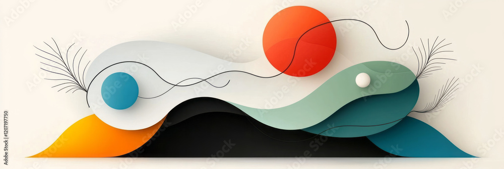 Poster a serene abstract design with flowing black lines on a pastel-colored backdrop, highlighting harmony