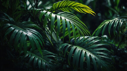 Blurred tropical green leaf background, Dark tone theme