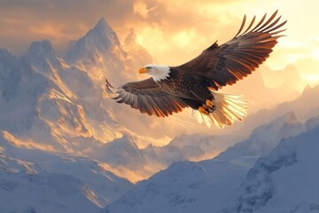 Majestic bald eagle soaring over snowy mountain peaks at sunset