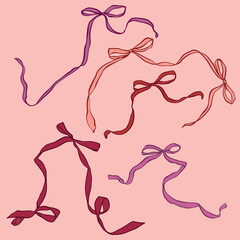 Vector set of red and pink bows. Hand-drawn gift bow isolated on pink background. Holiday illustration for design, print, fabric or background.
