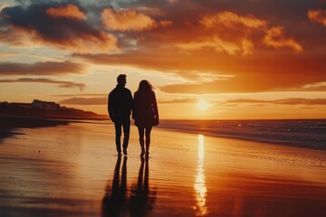 Romantic couple enjoying a peaceful evening stroll along the beach at sunset