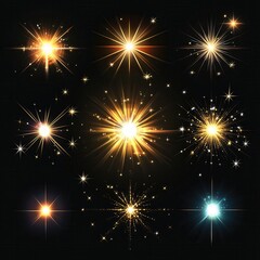 Naklejka premium Sparkling Golden Starbursts Glowing Brightly in Dark Night Sky Collection