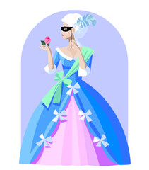A woman in a blue dress and a white wig from the 18th century Rococo dress with a Venetian mask and flower in her hands. Vector illustration