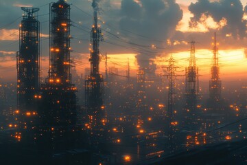 Panoramic view of a futuristic industrial cityscape with towering structures, glowing lights, and a dense network of power lines, set against a twilight sky.
