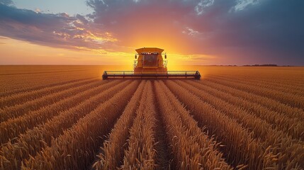 Fototapeta premium A yellow combine harvester working in the field during harvest season
