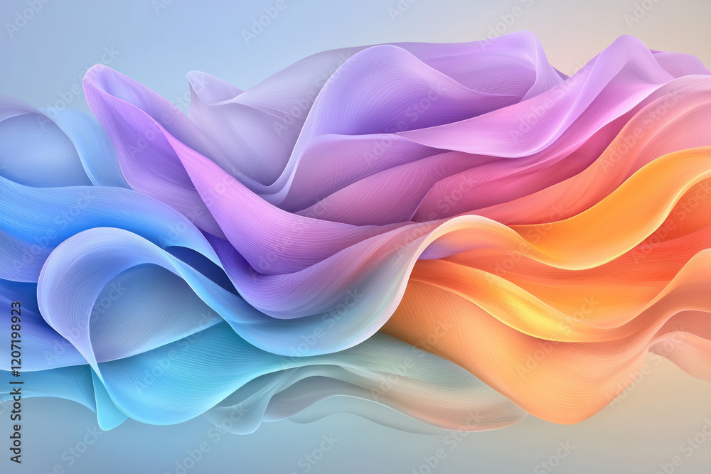 Poster An abstract digital artwork showcasing layered waves with glowing neon blue and purple gradients, adding depth and dimension,
