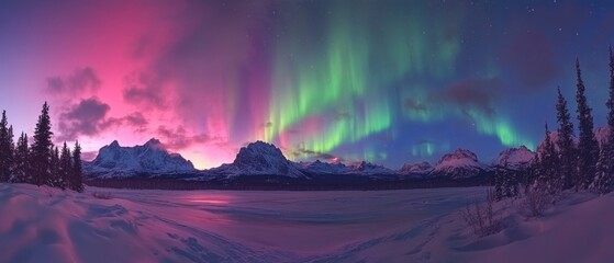 Majestic Northern Lights Over Snowy Mountains and Frozen Lake at Dusk with Vibrant Colors
