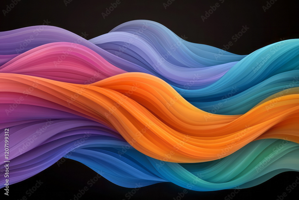 Poster a dynamic abstract composition featuring vibrant multicolored lines gracefully flowing in gradient c