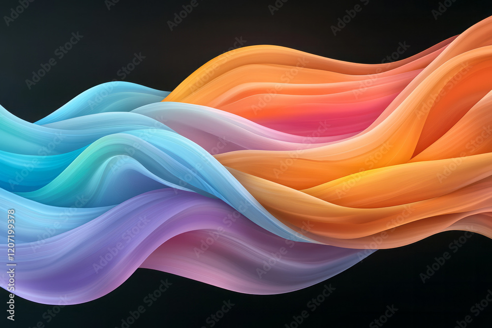 Poster A dynamic abstract composition featuring vibrant multicolored lines gracefully flowing in gradient curves against a dark background,