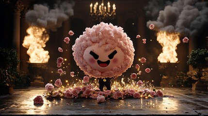 Angry cotton candy character in fiery palace; marketing, animation