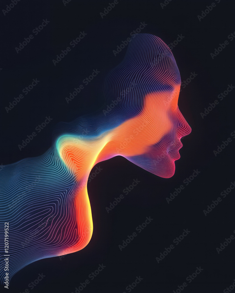 Poster A futuristic abstract scene with neon-colored lines forming intricate gradient curves, set against a black backdrop for high contrast,
