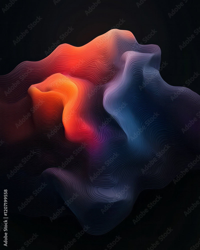 Poster A futuristic abstract scene with neon-colored lines forming intricate gradient curves, set against a black backdrop for high contrast,