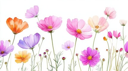 Obraz premium Beautiful seamless floral water color pattern Set, watercolor wild flowers, leaves and grass,Collection botanic garden elements, isolated illustration in rustic or vintage style,copy space.