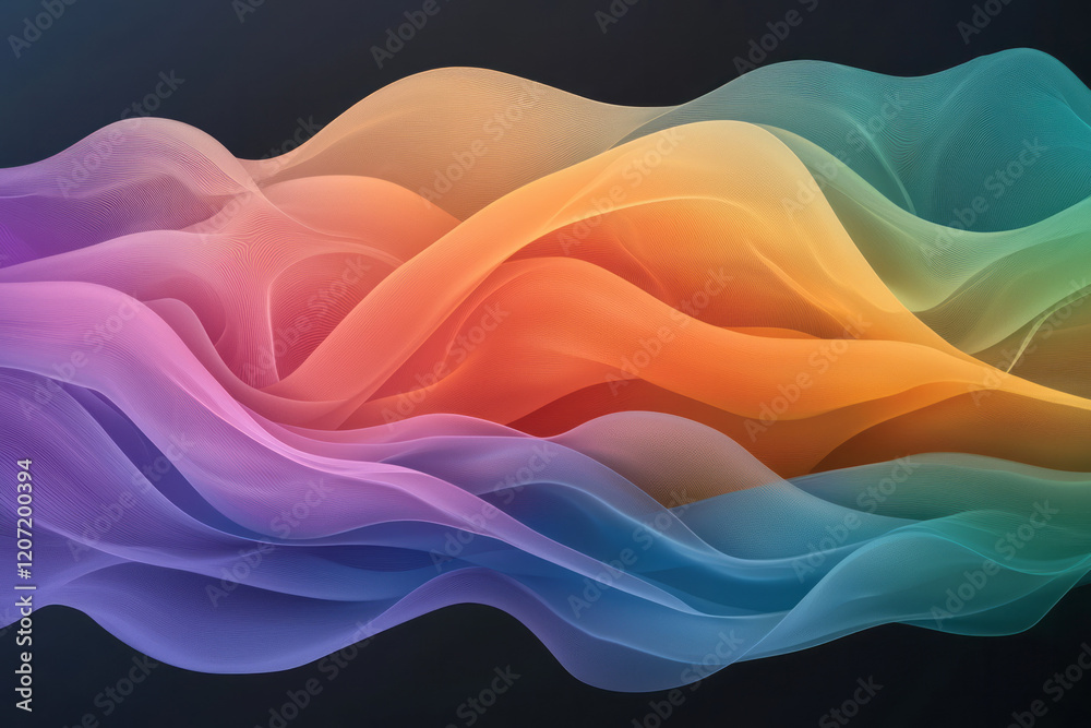 Poster A mesmerizing abstract wave pattern with vibrant, colorful gradients flowing smoothly across a dark background, creating a sense of depth and motion,