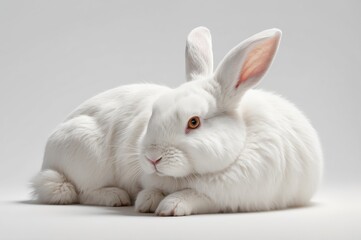 Obraz premium A fluffy white rabbit lies on a grey background.